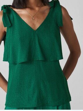 WHISTLES Green Jacquard Tie Shoulder Top V-neck Tier Luxury Halter Side Zip Sz 2
